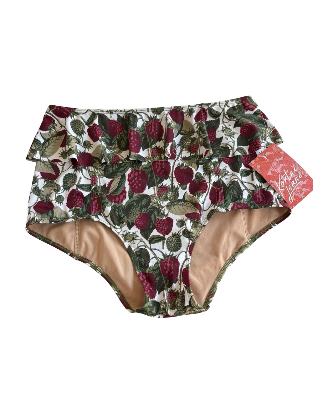 NWT Kourtni Jeane High-Waist Ruffled Bikini Bottoms with Raspberry Print Sz M